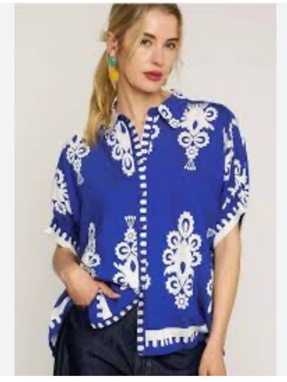 Umgee Cobalt Blue and White Button-Front Tunic Sz L